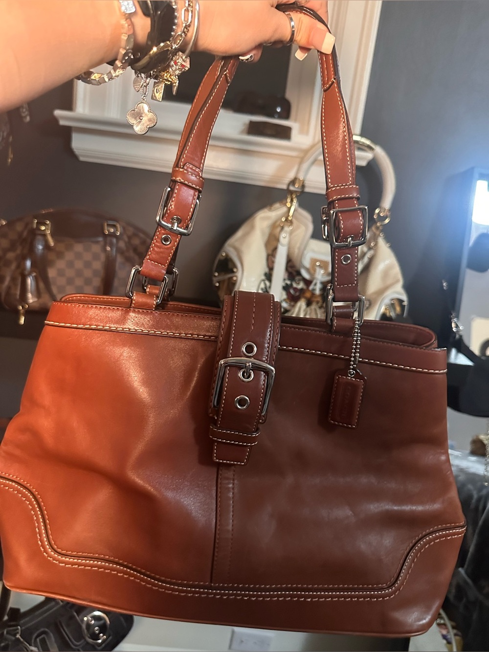 Brown leather Coach Hamptons Carryall Bag (style #F12603)